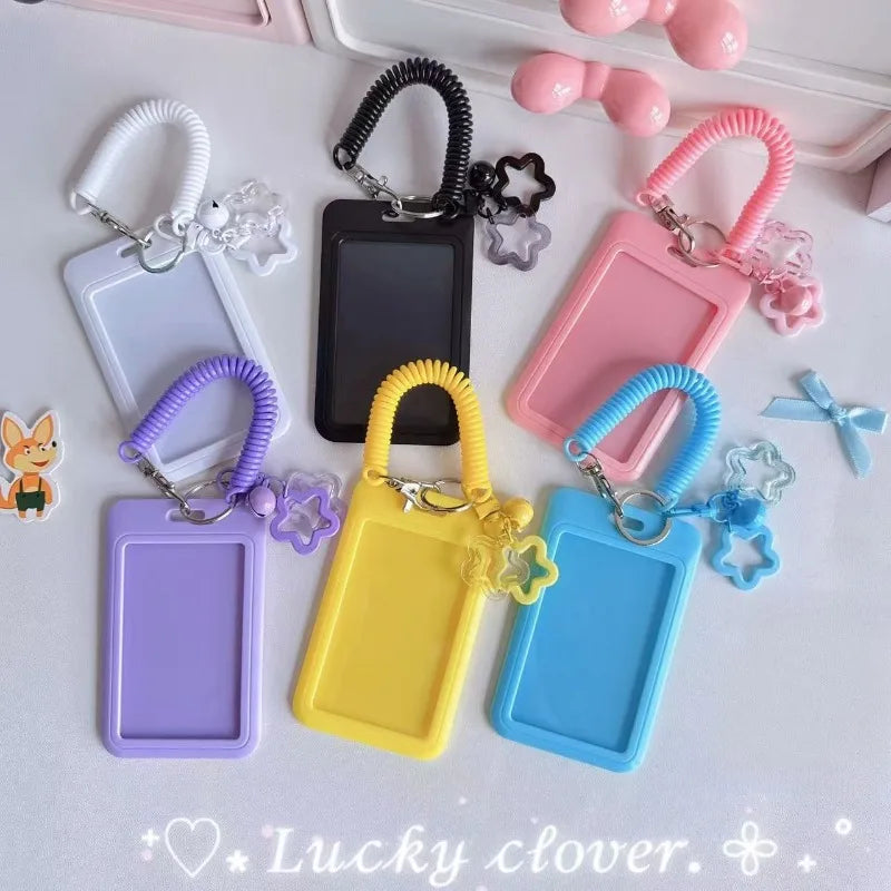 Cute Simple Protective Card Holder with Keychain Colorful Star Retractable Spring Lanyard ID Card Photo Postcard Holder Charms