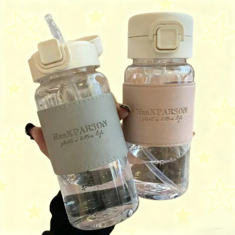 500ml Leak-proof Water Bottle with Straw Portable Student School Food Grade Plastic Water Cup Modern Simple Style Juice Beverage