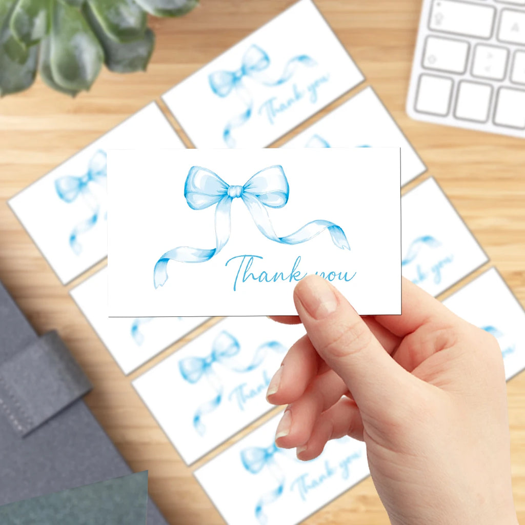 50pcs Watercolor Pink Blue Bowk Thank You Cards,Business Retail Customer Gift Wrapping Cards,Back Blank Note Greeting Small Card