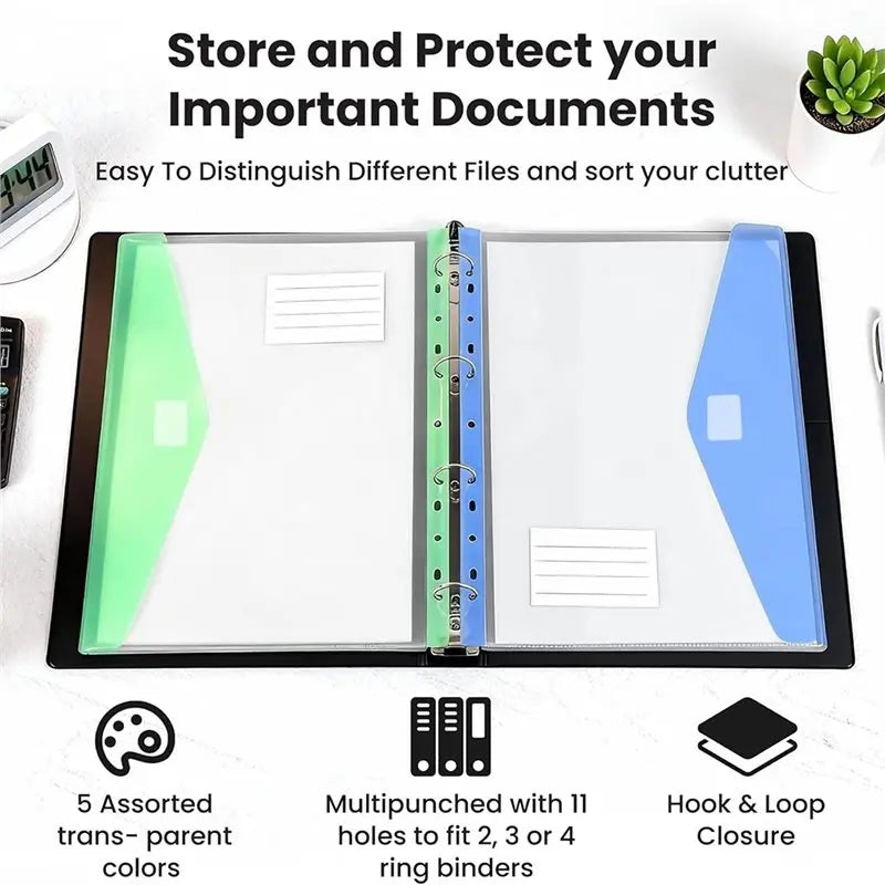 For 2/3/4 Ring Binder Compatible 11-Hole Binder Pockets, Fits Letter/A4 Size Plastic Expanding File Folders, 200-Sheet Capacity