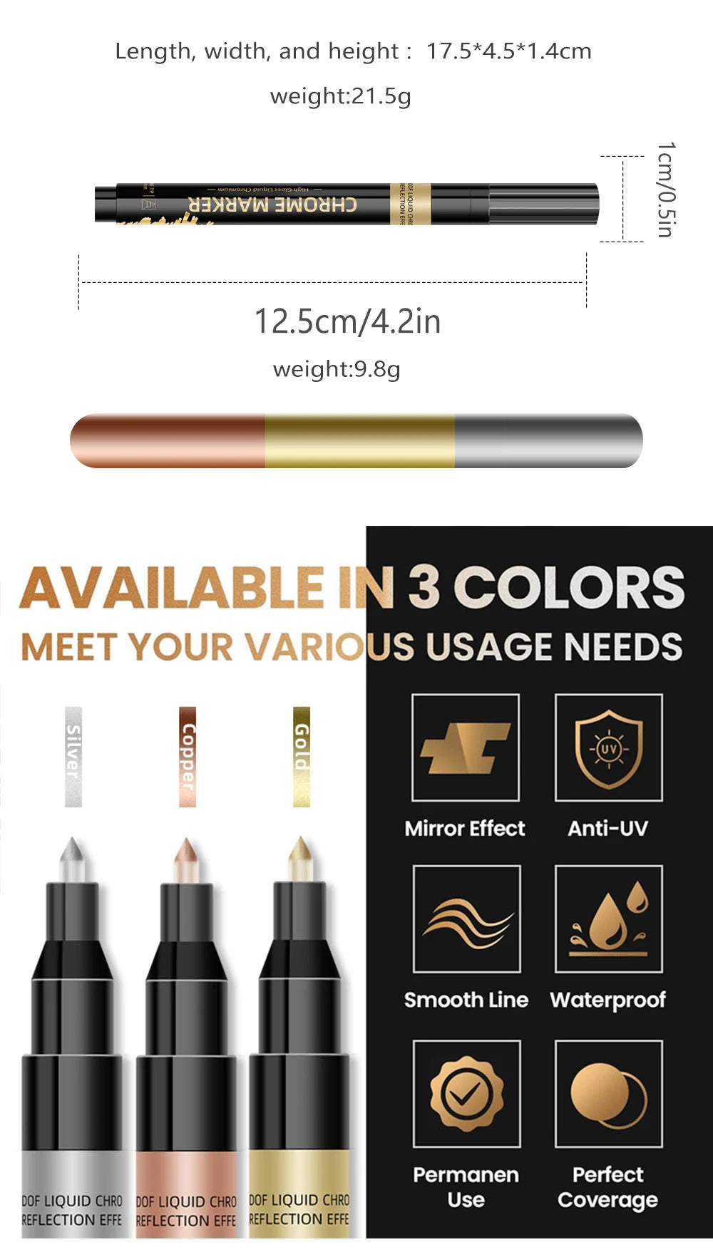 1Pcs Chrome Mirror Marker Pen 0.7mm 1mm 2mm DIY Reflective Paint Pen Permanent Gold Silver Copper Marker Model Painting Marking