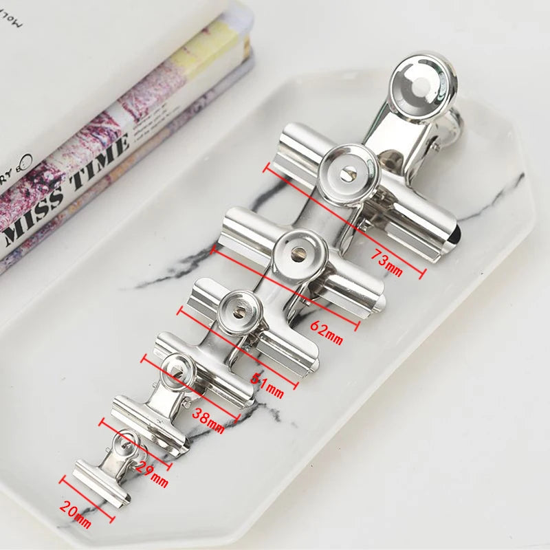 5PCS/Set Metal Paper Clip 20 29 38 51 62 73mm Foldback Metal Binder Clips Silver Grip Clamps Document Office School Stationery