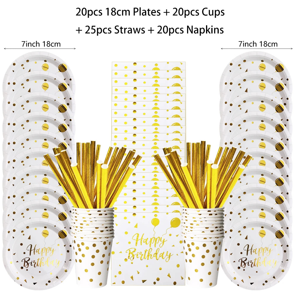 White Gold Birthday Disposable Tableware Polka Dots Paper Plate Cup Napkin Tablecloth Wedding Birthday Party Decoration Supplies