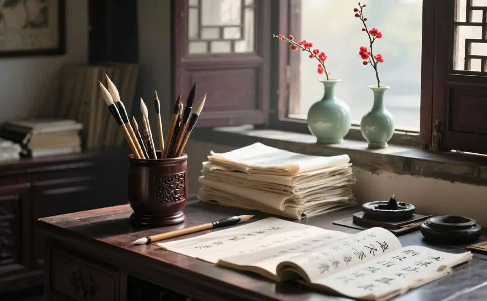 10-Piece Chinese Calligraphy Brush Set - Premium Writing Brushes for Beginners & Artists - with Roll-up Bamboo Brush Holder,