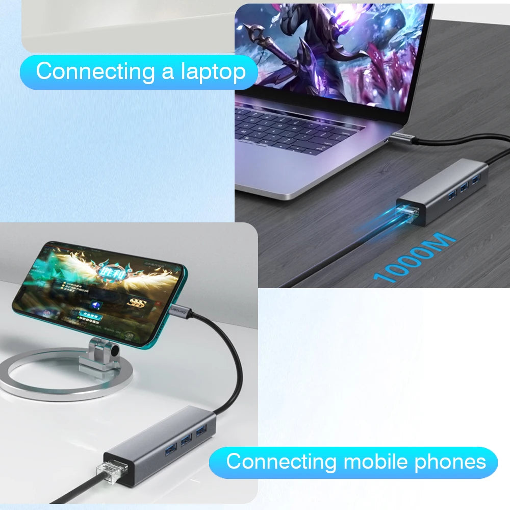 USB C HUB Docking Station Type C to RJ45 1000Mbps Ethernet Adapter USB3.0 HUB Gigabit Network Card 100W Charging Dock Extension