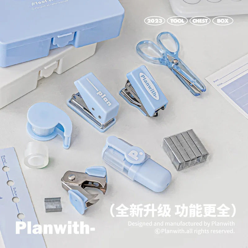 1 Cute Gift Stapler Set White/Blue Children's Novel Handicraft Tool Set Small Home Office Stationery  Children's Travel Bag