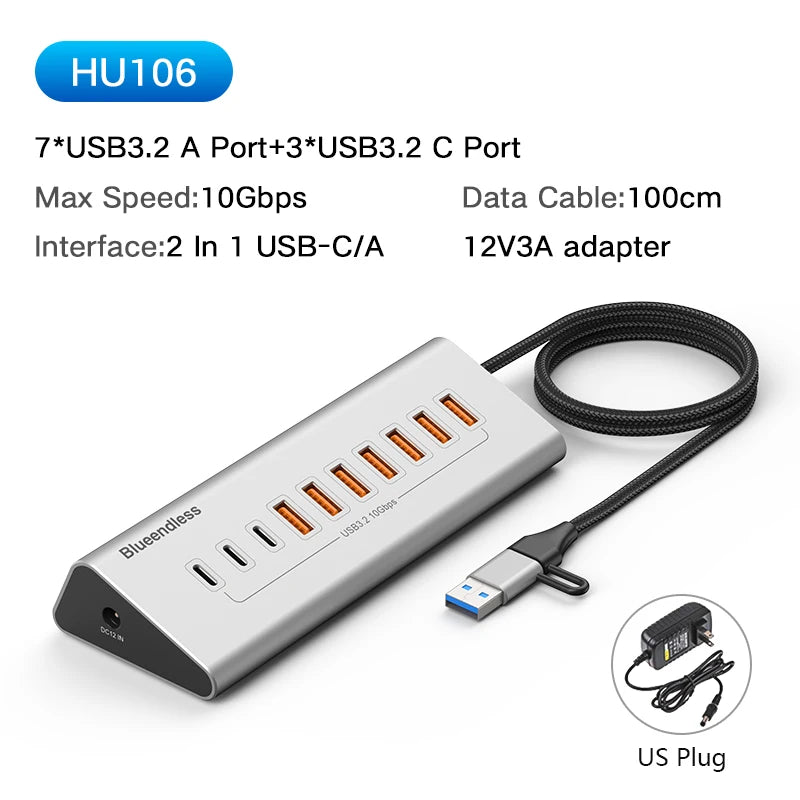 Blueendless Aluminium 10Gbps USB3.2 Gen2 4/10port HUB Docking Station USB-C USB-A Type C Splitter Adapter for PC Laptop macbook