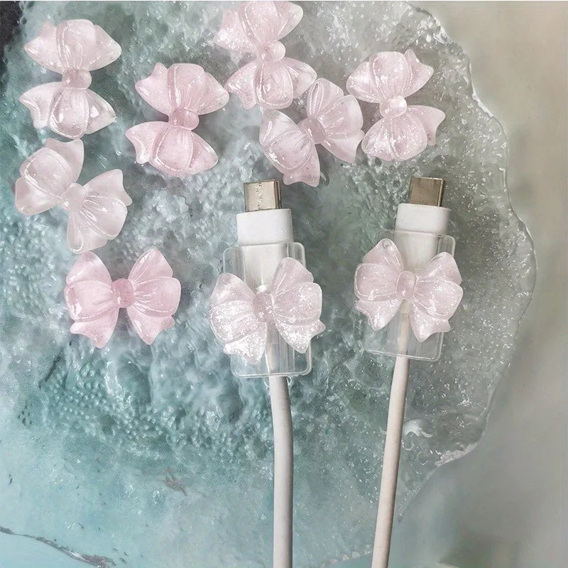 2Pcs Lovely Pink Bow Silicone Charger Cable Protector Sleeve Cable Holder Clip Anti-break Transparent Cord Cover Wrap