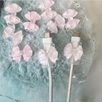 2Pcs Lovely Pink Bow Silicone Charger Cable Protector Sleeve Cable Holder Clip Anti-break Transparent Cord Cover Wrap