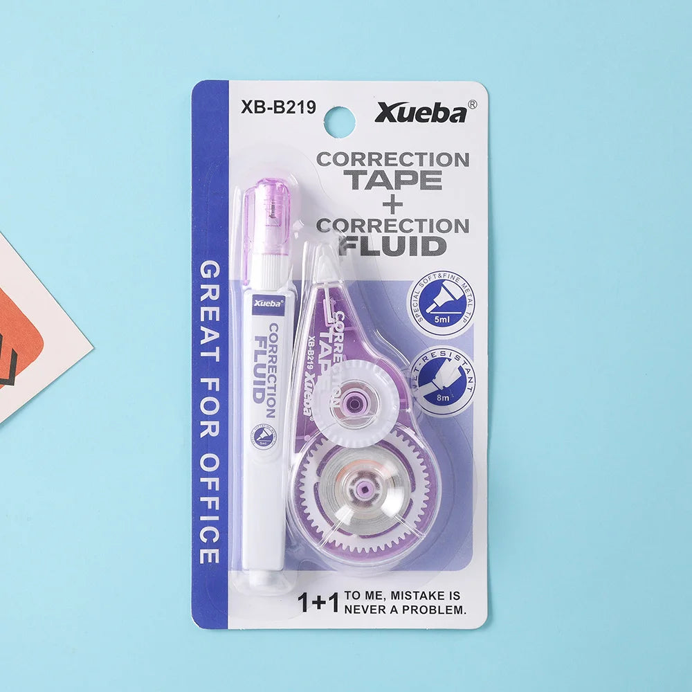 1 Correction Tape + 1 Correction Liquid Kawaii White Out Combo Quick Dry & Clean Finish Student Mistake Cover Tools Stationery