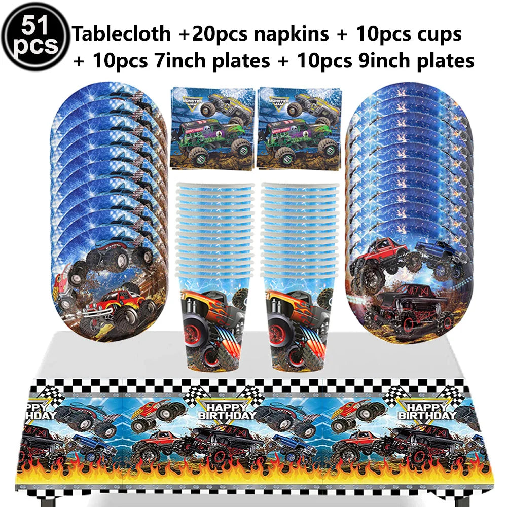 Monster Truck Party Supplies Disposable Tableware Plates Napkin Banner Tablecloth for Kids Boys 2nd Birthday Party Decorations