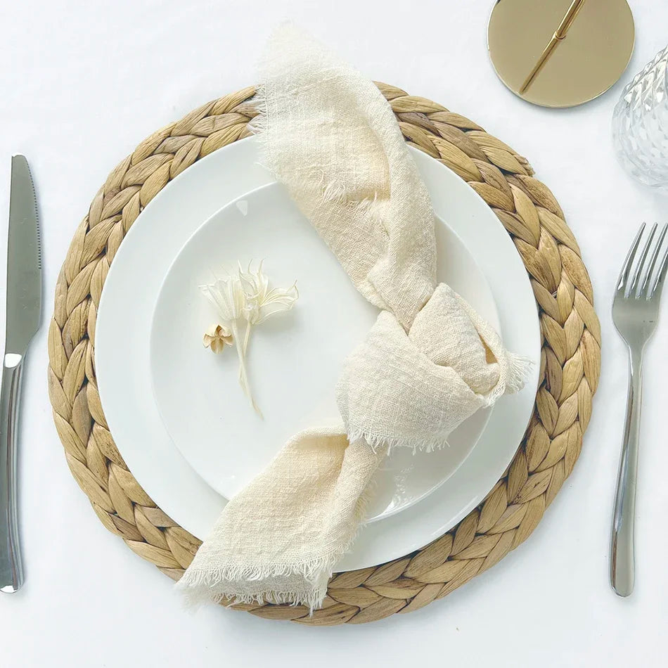 10pcs 32x32cm Gauze Cotton Wedding Napkins Reusable Green Trim Tea Towel Rustic Retro Burrs Napkins for Party Table Decoration