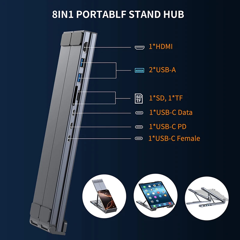 8 In 1 USB C Laptop Docking Station Stand With USB C, 2 USB 3.1, SD TF Card Ports,PD 100W, Universal Docking Station For MacBook