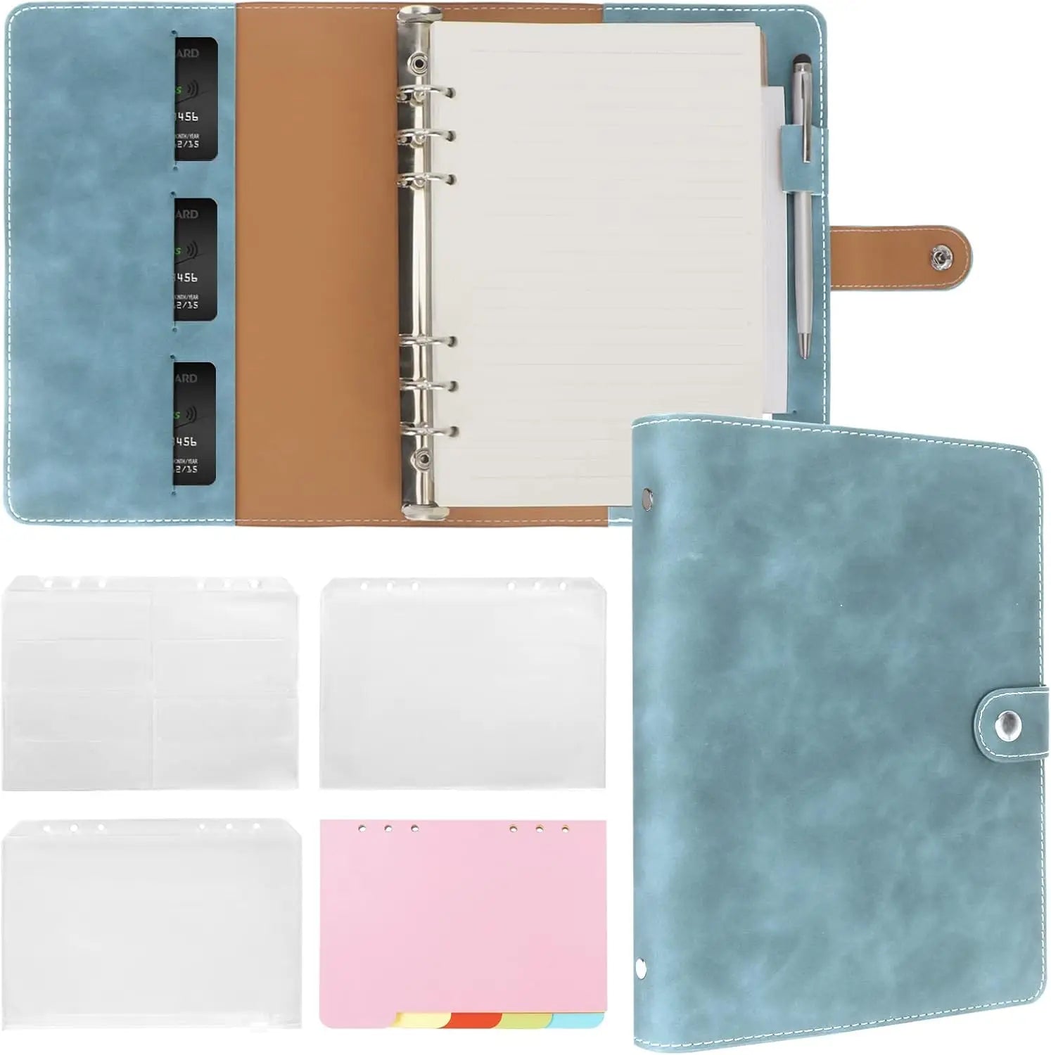New Leather A5 Binder 6 Ring Binder Notebook - PU Leather Refillable Notebook with Binder Pockets, Dividers, Refill Paper