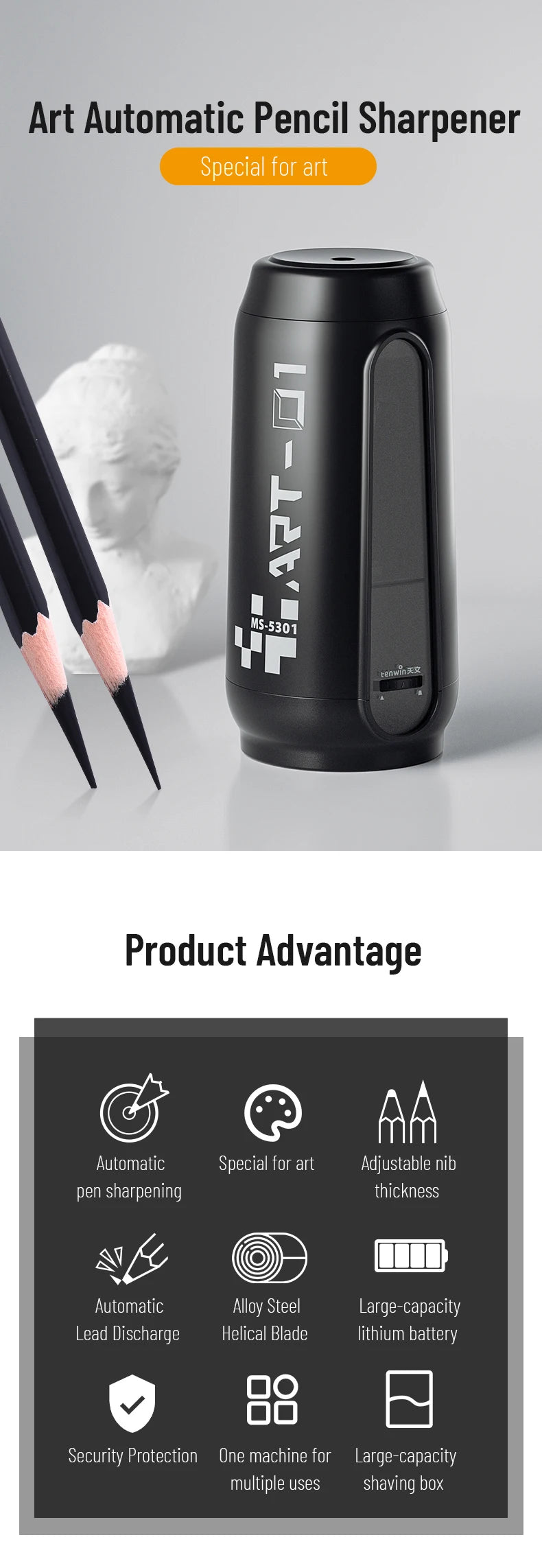 Tenwin Fully Automatic Electric Pencil Sharpener USB Charging Fast Sharpen Colored Sketch Pencils Student School Supplies Statio