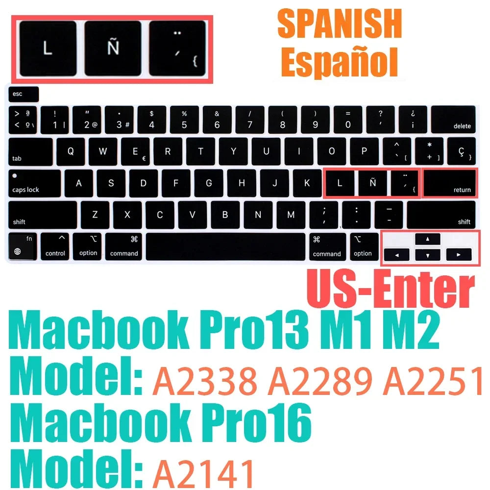 Keyboard Protective Film Silicone for 12-16' MacBook Air/Pro M1 M2 M3 Spanish Keyboard Cover Soft Protection Accessories Black