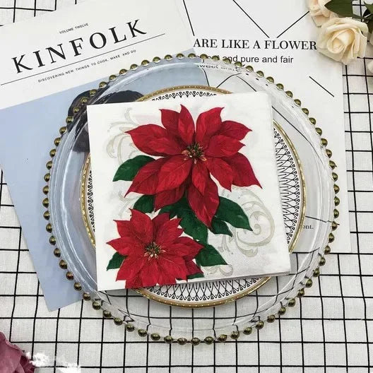 20pcs/Pac Colourful Printed Napkins 2 Ply Featured Christmas Flower Paper Napkins Wood Pulp Paper Party Disposable Placemats