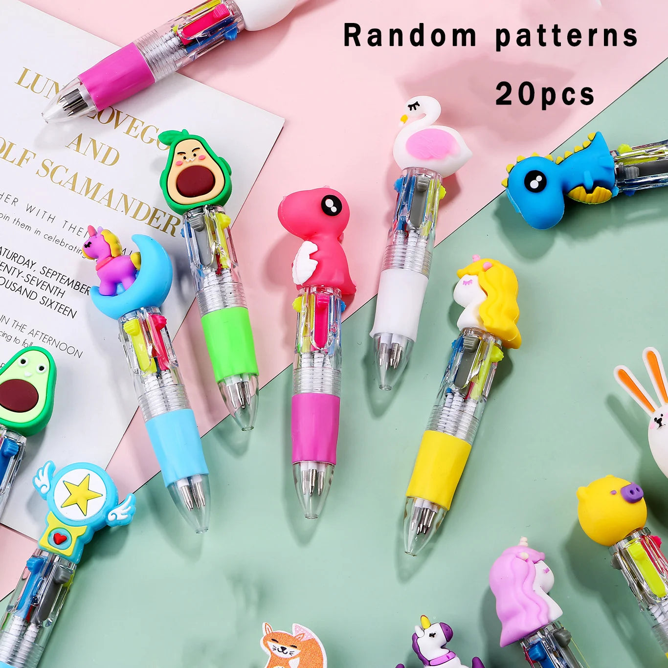 Cute Mini 4-Color Ballpoint Pens (10-Pack/20-Pack), Cartoon-Themed Diary Pens, 4-Color Retractable Ballpoint Pens, Stationery