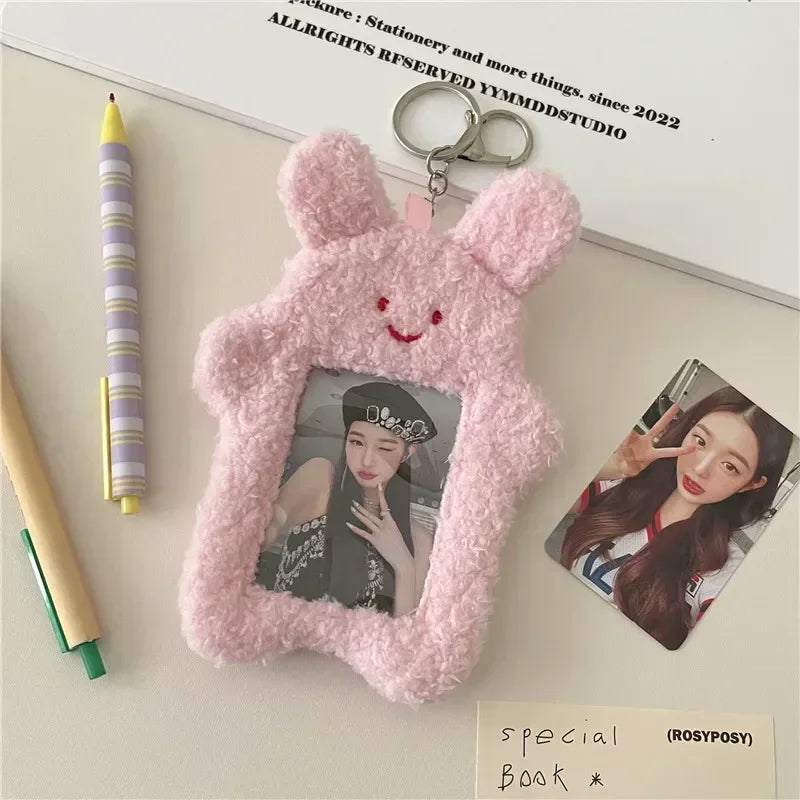 ID Card Holder Keychains kawaii Cartoon Plush Photocard Holder Korean Desk Accessories Kpop Stationery Idol Display Stand
