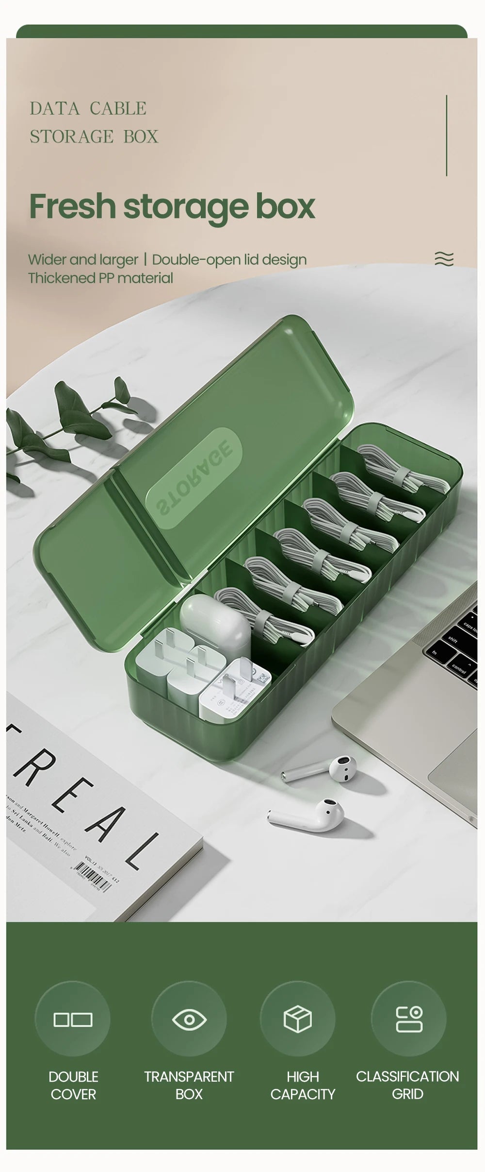 Cable Storage Box With 7 Compartments Organizer Charger Cord Storage Box Reusable Cable Storage Case Management for Home Travel