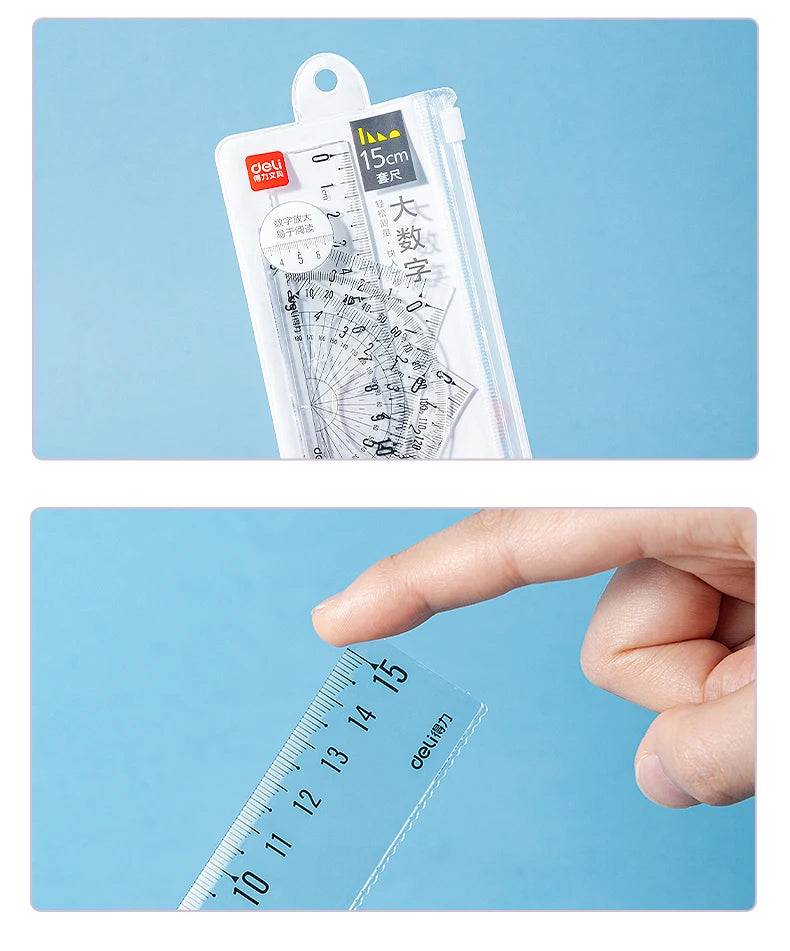 Deli 4Pcs Student Ruler Set Transparent Plastic Straight Ruler Triangle Protractor for Kids School Office Home Supplies