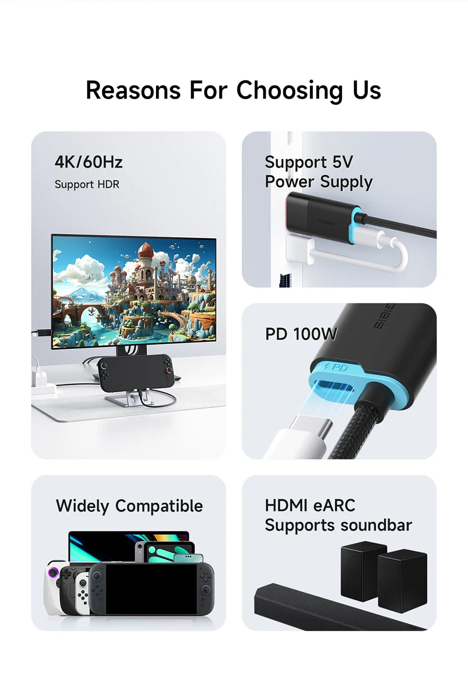 Hagibis Portable TV Dock for Switch/Switch2/OLED 4K@60Hz USB C to HDMI Cable Adapter 100W PD Power Supply for Laptops ROG Ally