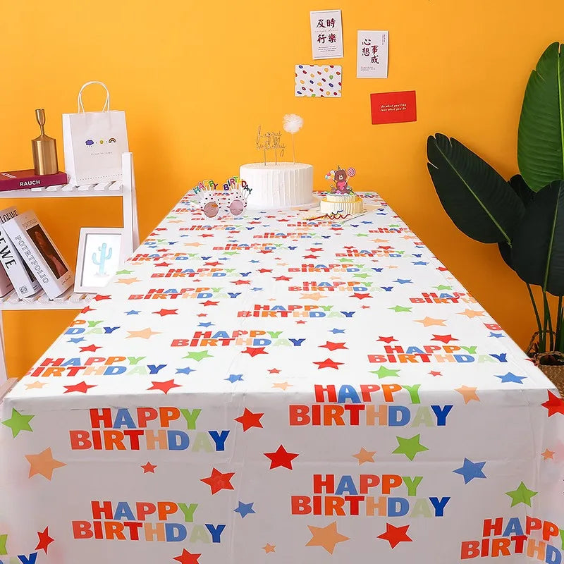 1pc / 6pcs Disposable Rectangle Birthday Tablecloth, 137x274cm Multicolor Happy Birthday Star Plastic Thickened Table Covers