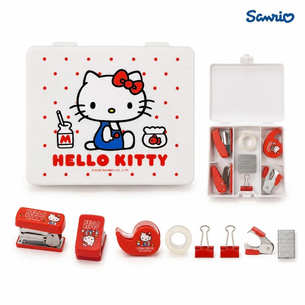 Genuine Hello Kitty Sanrio Desktop Stationery Kit Mini Stapler Tape Clips Staples Storage Box Study Office Supplies Gifts