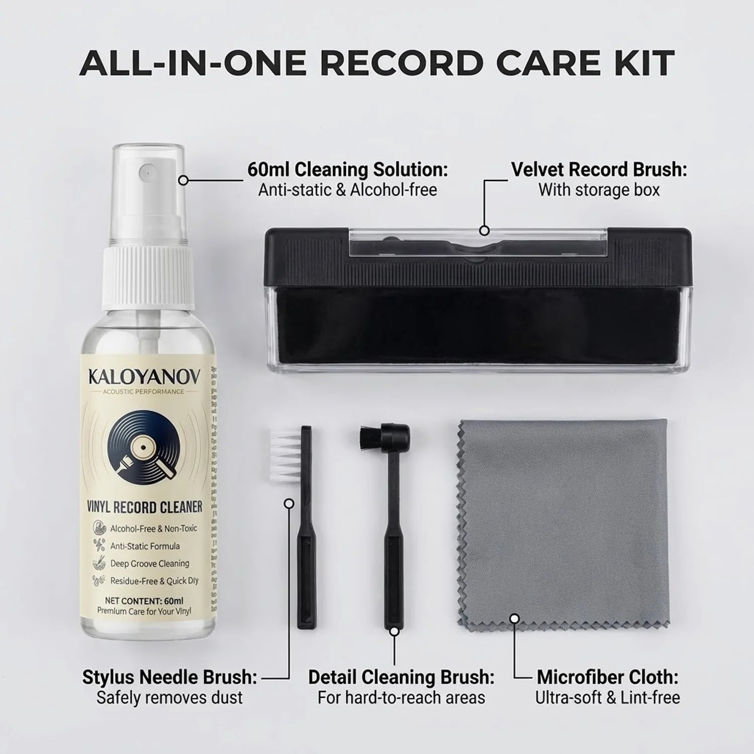 Vinyl Record Cleaner Kit Turntable LP Cleaning Brush Set Anti-Static Spray Cloth Stylus Dust Remover for Phono Gramophone