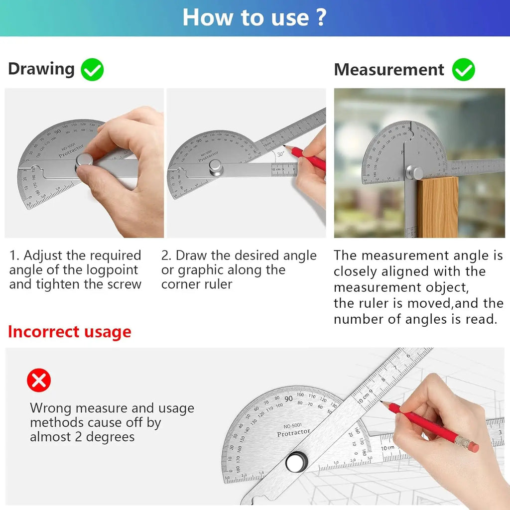 10/15cmStainless Steel Protractor Woodworking Angle Ruler 0-180° Angle Measuring Tool for Woodworking/Industry 1pc