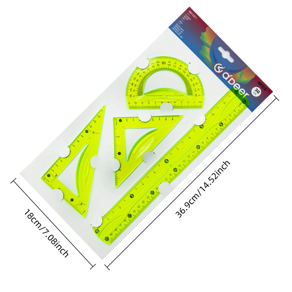 30cm Transparent Soft Ruler Set - 4 Pieces, Multi-Color with Triangle and Protractor, Ideal for Measuring and Drawing
