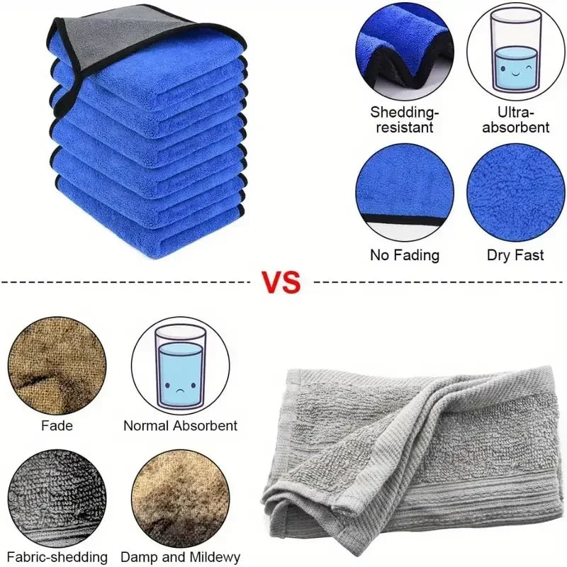 1-5 pcs Microfiber Car Washing Towel Soft Quick Drying Windows Mirrors Wiping Rags Home Double Layer Cleaning Cloths 500GSM