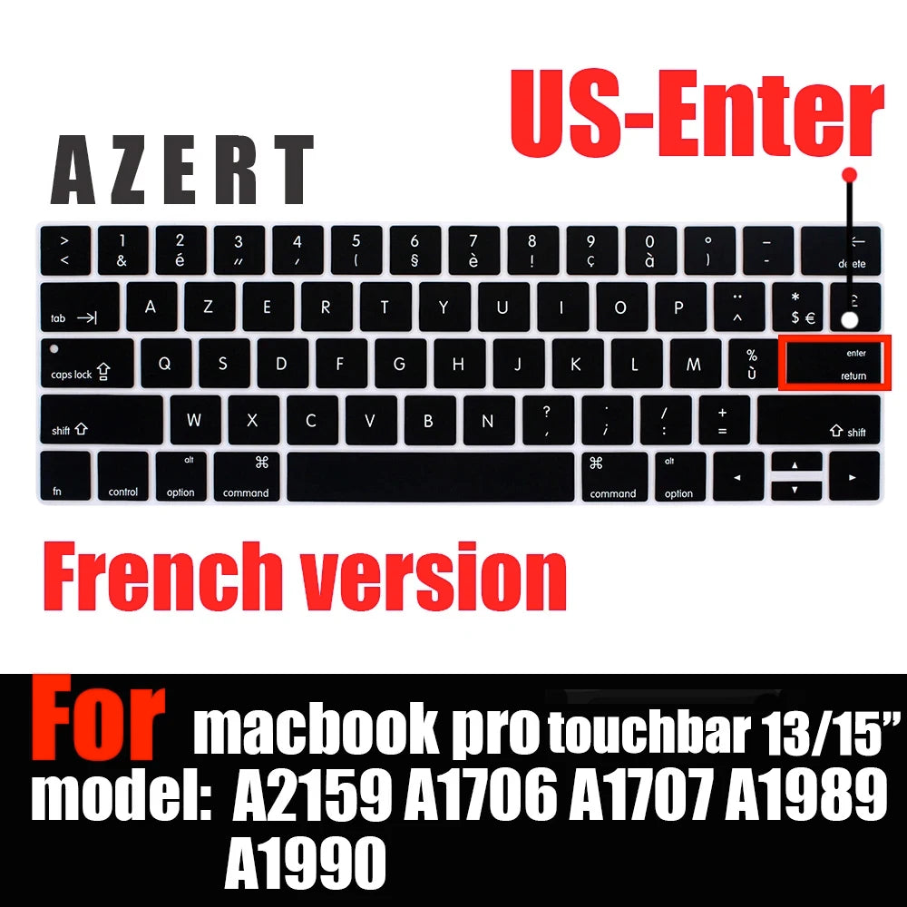 Keyboard Cover For MacBook Pro with Touch Bar 13&15 2016-2019 Model: A2159, A1989, A1990, A1706, A1707), Silicone Skin Protector