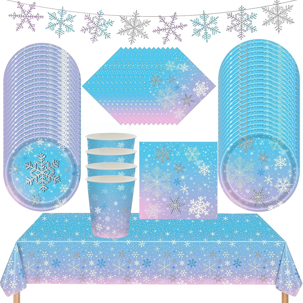 Christmas Snowflake Party Supplies Tableware Set Cups Plates Napkins Tablecloth Blue Purple Snowflake Birthday Decoration Props