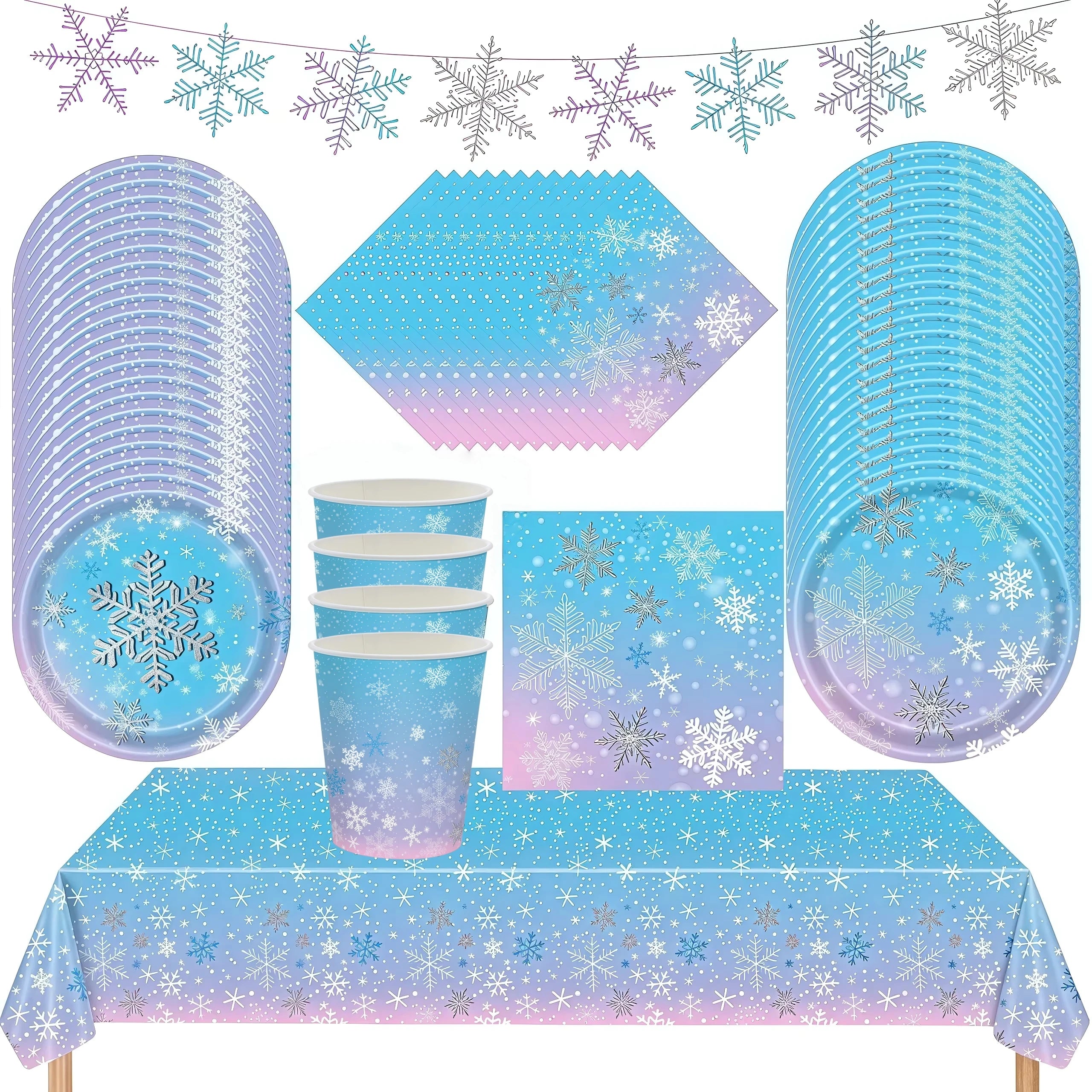 Christmas Snowflake Party Supplies Tableware Set Cups Plates Napkins Tablecloth Blue Purple Snowflake Birthday Decoration Props