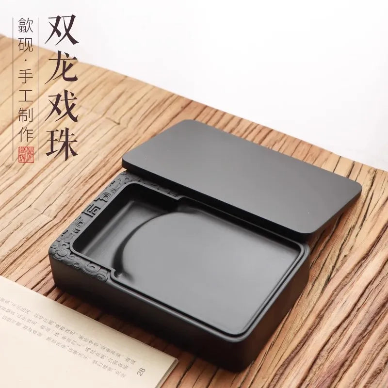 Natural Stone Rectangular Inkstone with Lid - Traditional Chinese Calligraphy Ink Slab, Four Treasures, Handmade Art Gift