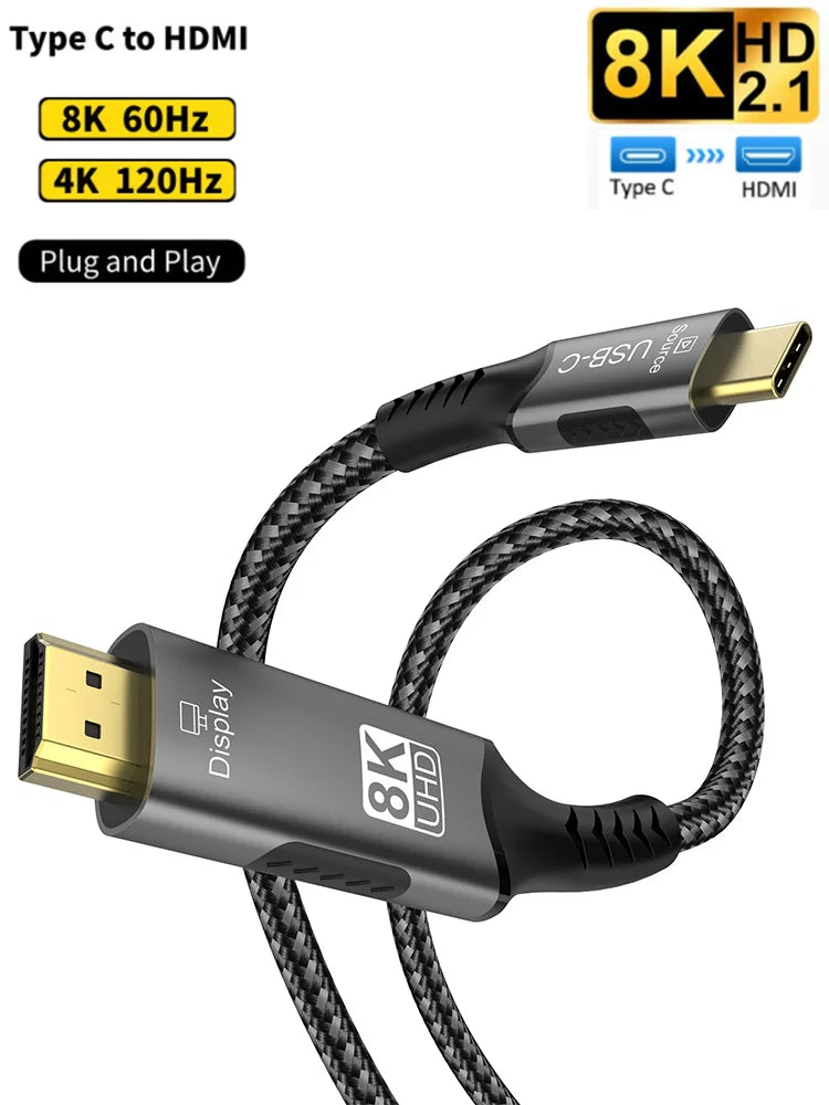8K USB C to HDMI 2.1 Cable Adapter  8K60Hz Type C to HDMI Cable for Thunderbolt 3 Compatible with MacBook Pro  IPad pro  Laptop