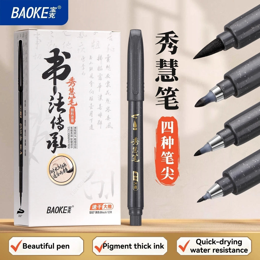 BAOKE 4-Size Calligraphy Pen Set for Writing, Hand Lettering, Black Ink Brush Markers Sketching Calligraphie Art Supplies Artist