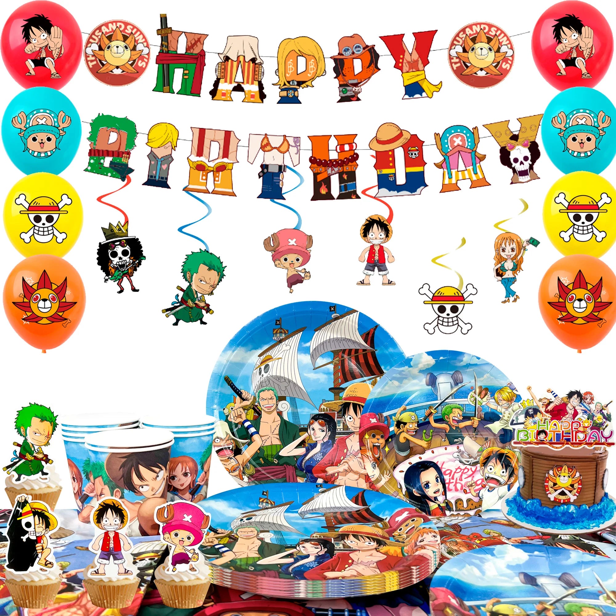 117 Pcs One Piece Party Supplies-One Piece Party Banner Balloons Cake Topper Plates Etc One Piece Birthday Party Decorations