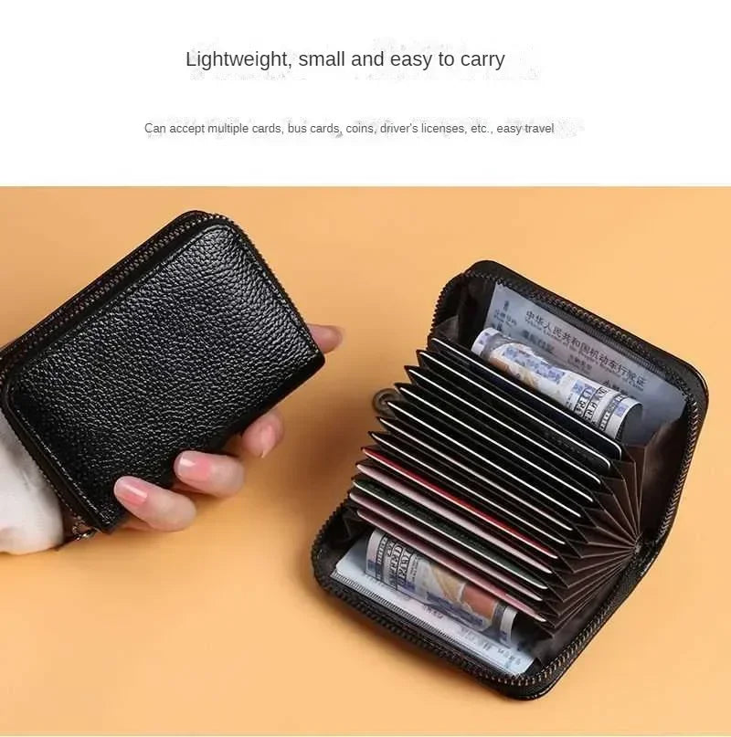 Multi Slot Card Holder Vintage Small Wallet Women Men Business Bank Credit Card Bag Male Coin Pouch Solid Leather Zipper Wallet