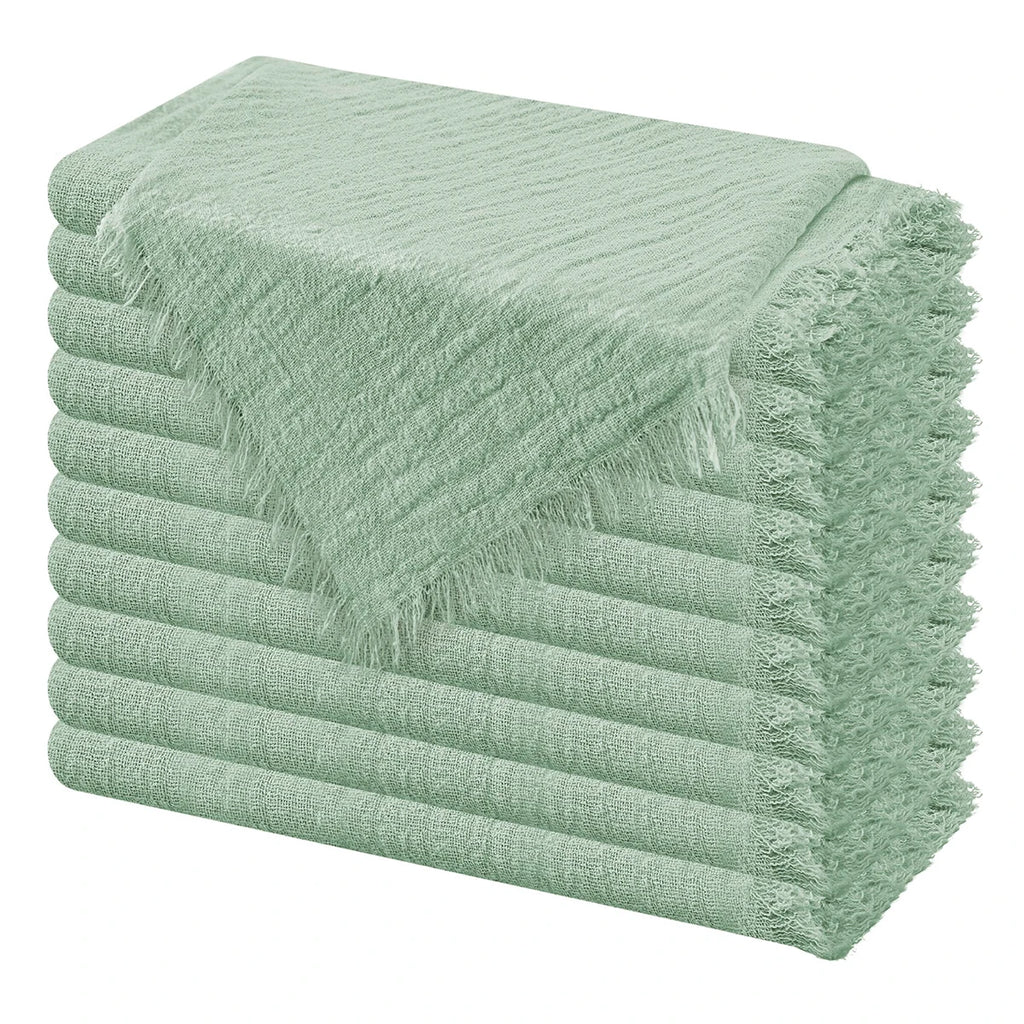10pcs 32x32cm Gauze Cotton Wedding Napkins Reusable Green Trim Tea Towel Rustic Retro Burrs Napkins for Party Table Decoration