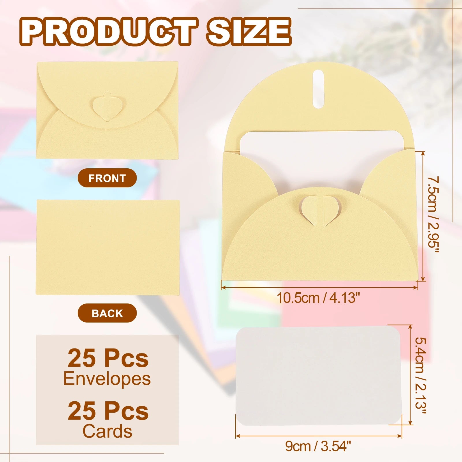 25Sets Mini Envelopes with Heart Clasp 9x5.4cm Blank Note Cards with 10.5x7.5cm Envelopes for Gift Wedding Invitation Graduation