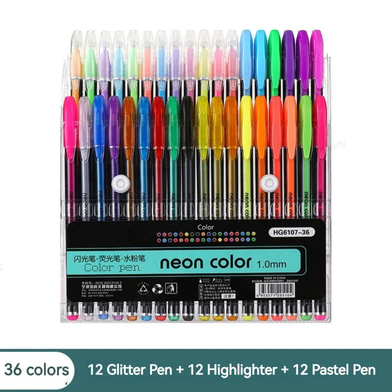 12-60Pcs Metallic Glitter Colors Gel Pens 100 Colored Refills Rod Stationery Highlighter School Coloring Drawing Art Markers