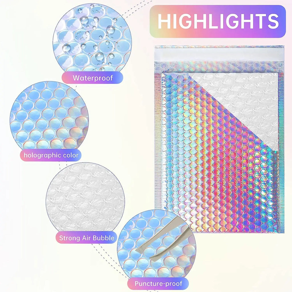 Laser Rainbow100Pcs Holographic Mailer Mailing Envelope Waterproof Courier Bag Padded Bubble Envelope Packaging Bag for Shipping