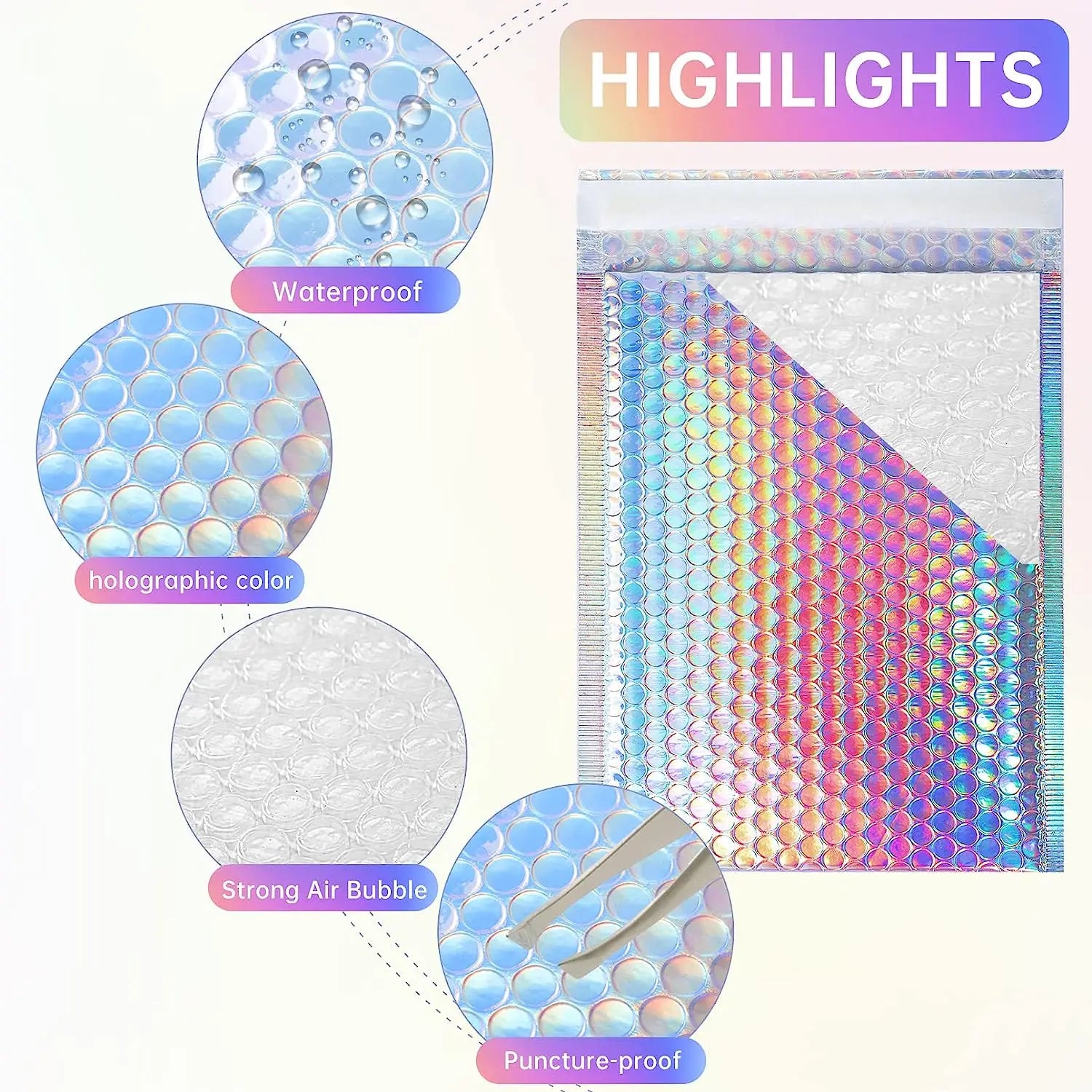 Laser Rainbow100Pcs Holographic Mailer Mailing Envelope Waterproof Courier Bag Padded Bubble Envelope Packaging Bag for Shipping