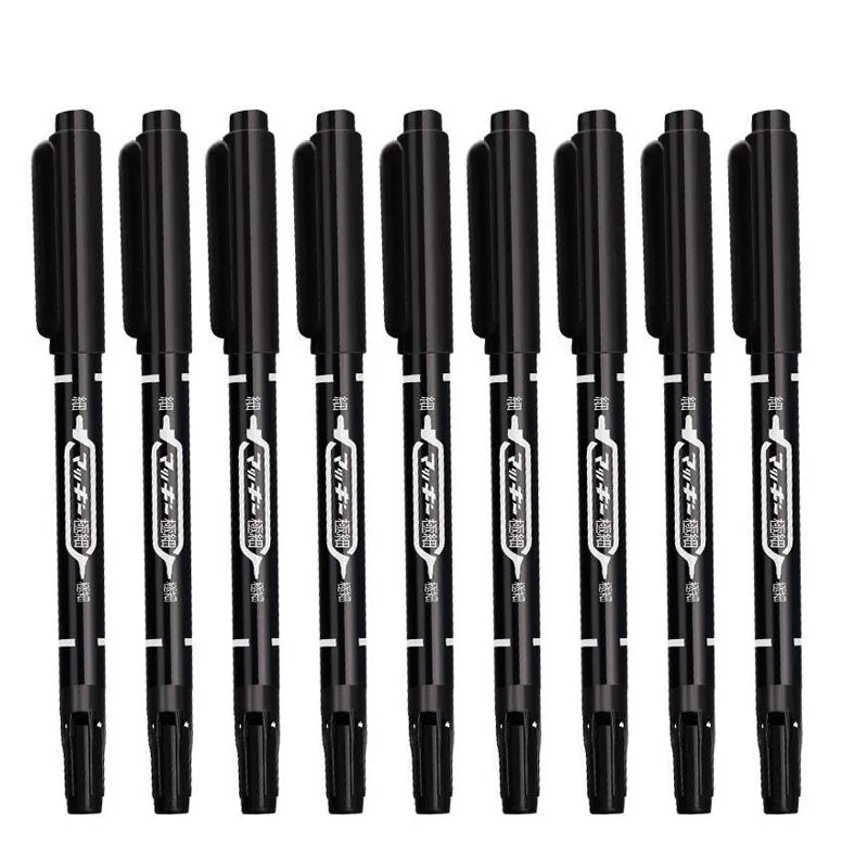 9Pcs/Set Twin Tip Permanent Art Marker Pen Double Headed Oily Waterproof Ink Black Blue Red 0.5mm 1mm Drawing Logistics Glass