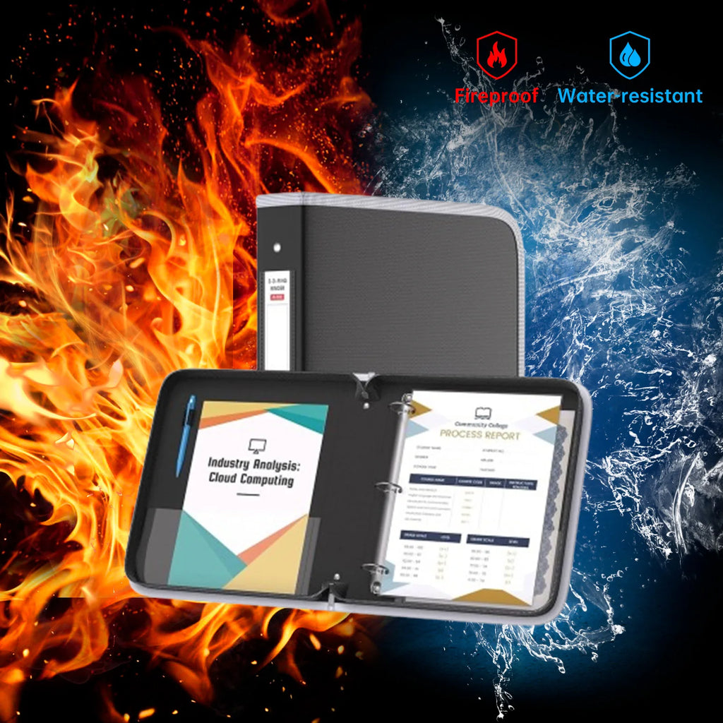 Fireproof Waterproof 3-Ring Binder Fireproof Round Binder with Zipper for Pens and 8.5*11-Inch 375-Sheet Paper (No Inserts)