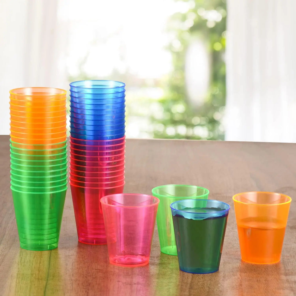 100Pcs Plastic Shot Glasses 2oz Disposable Clear Hard Plastic Cups(Multicolor) jello cups for party iridescent party supplies