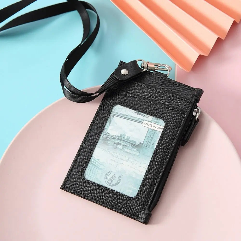 Portable PU Leather Card Bag Holder with Neck Lanyard Student Card Bag Coin Purse Card Case Zipper Bag Office Casual Supplies