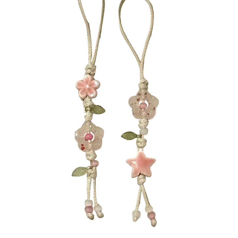 Cute Star Flower Mobile Phone Strap Kawaii Ceramic Beaded Mobile Phone Lanyard Bag Decoration Camera Pendant Fashion Keychain